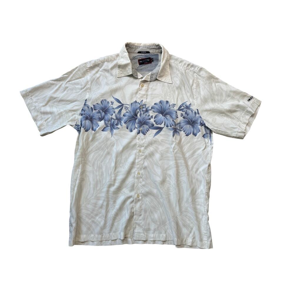 Billabong Hawaiian Print shirt size Large, Short Sleeves; Blue & white
